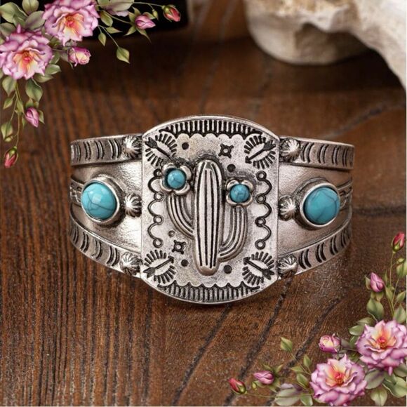 Western Fake Turquoise Stone Decor Cactus Concho Metal Cuff Bangle Bracelet - Picture 1 of 11